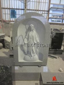 Upright Light Grey Granite Headstone with Virgin Mary Carving