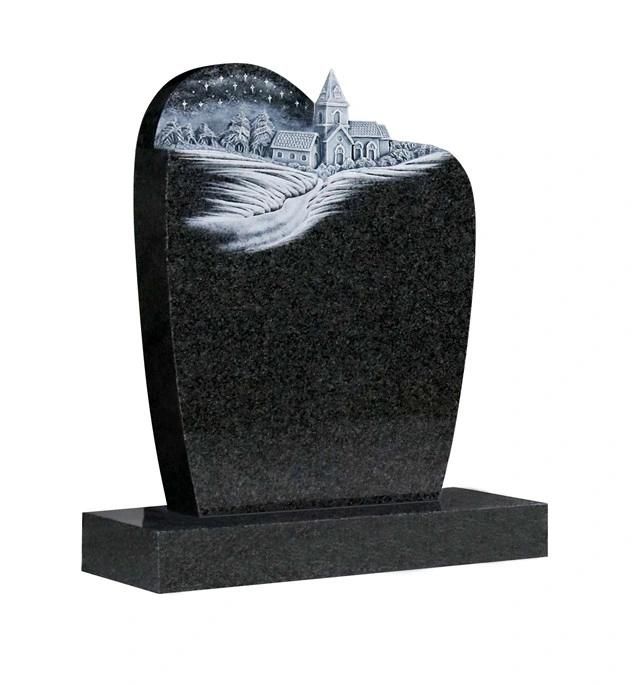 Wholesale Upright Indian Black Granite Tombstone with Carved House