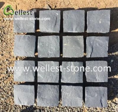 Rough Finish Hainan Grey Basalt Cube Stone Meshed, Blue Stone Cobble Stone