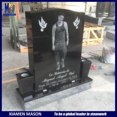 Jet Black Headstone Laser Etching with Vases for Wholesale