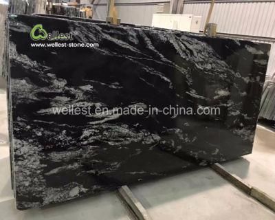 Flowing Black Base Granite Polish Slab for Countertop Table Top Kitchen Top