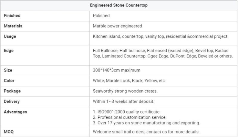 Factory Cheap Pure White Engineered Stone Slab Polished Countertop Benchtop