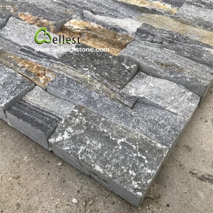 Grey Blue Rustic Mixed Color Quartzite Ledge Stacked Culture Stone for Exterior Feature Garden Retaining Wall of Villa and Castle