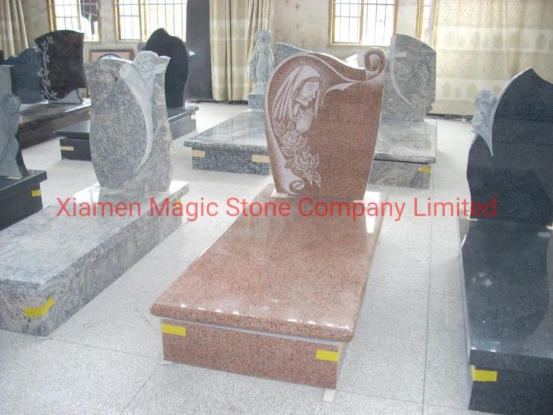 Red Marble Granite Stone Tombstone with Praying Mary Carving