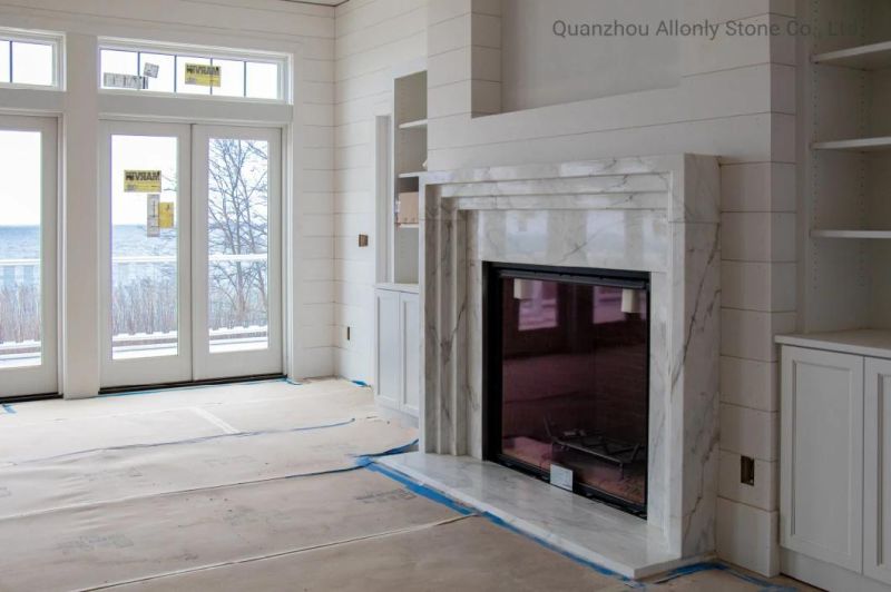 Europe Style Customized Calacatta White Marble Stone Fireplace Mantel