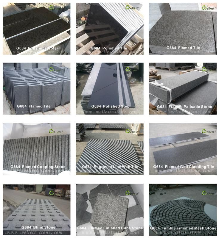G684 Black Basalt Kerbstone, Raven Black Granite Steps, Six Sides Flamed Palisade
