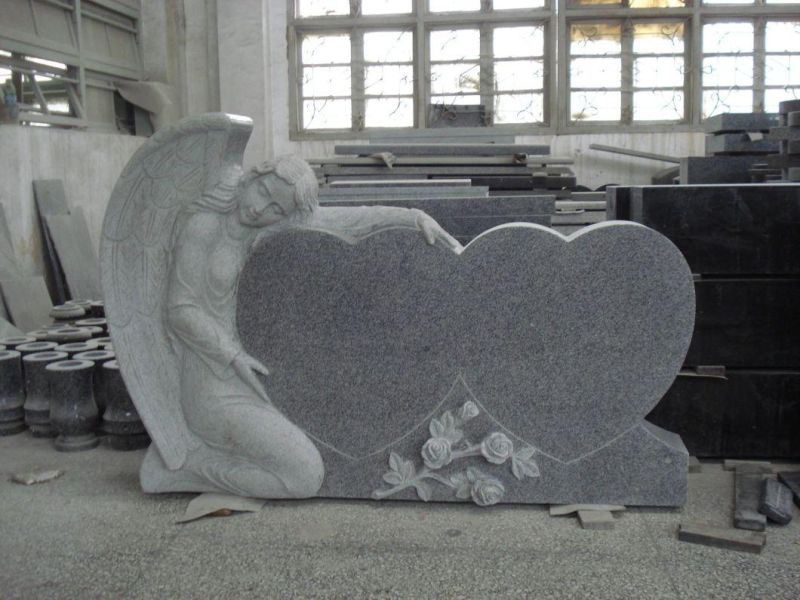 Light Grey Granite Angel Wings Holding Double Heart Headstone for Grave Memorial