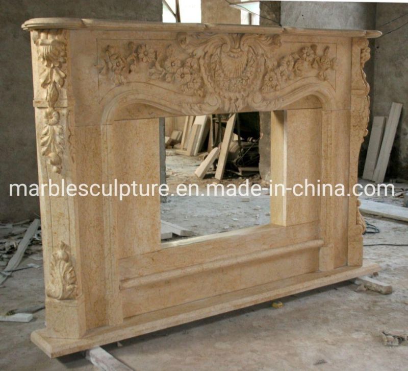 Hand Caving Elegant Beige Mable Fireplace with Surround Flowers (SYMF-151)