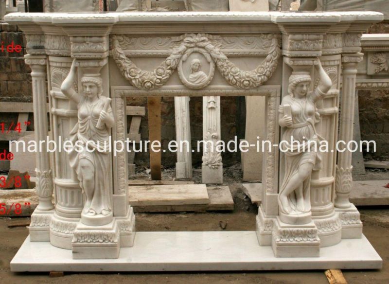 Hand Carved Luxury White Marble Fireplace with Lady Figures (SYMF-136)