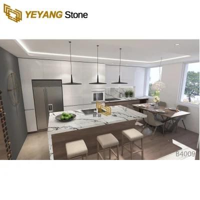 New Calacatta White Quartz Black Veins Slab for Kitchen Peninsula Countertop/Island/Table
