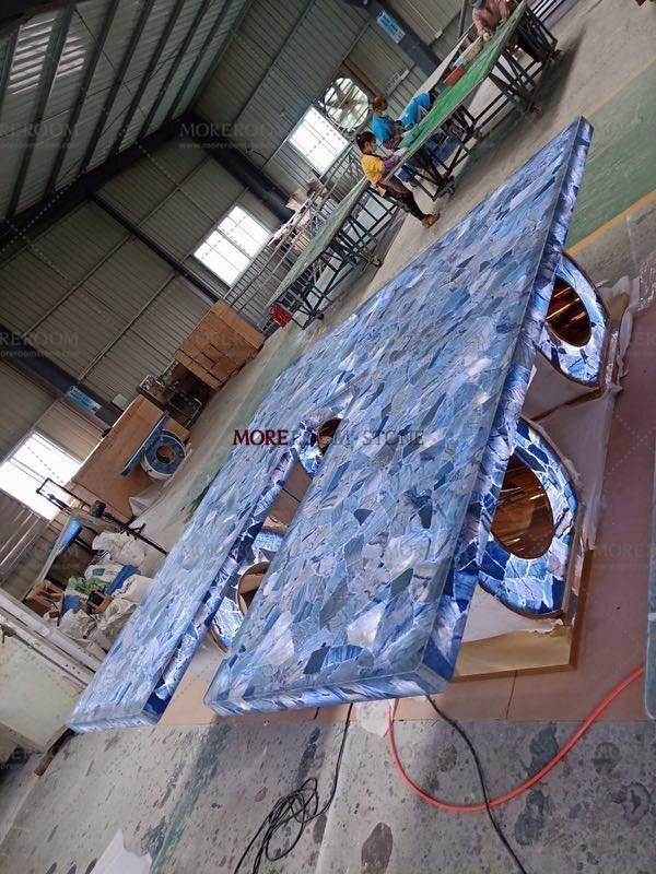 Luxurious Decor Gemstone Agate Slab Translucent Blue Table Semi Precious Stone Slab for Dining Room Countertop