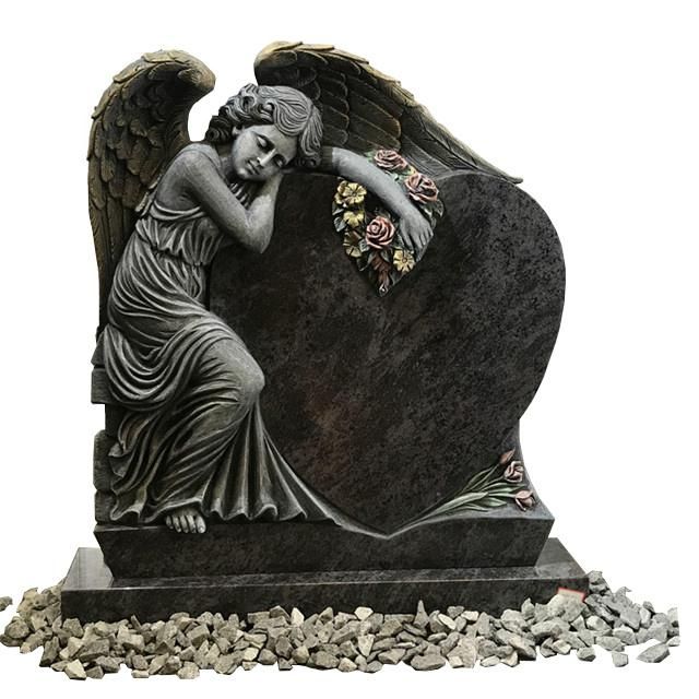 Antique Angel Holding Heart Bahama Blue Granite Tombstone