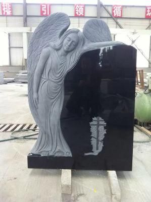 Hand Carved Flower China Black Granite Headstone Tombstone Monument for Grave