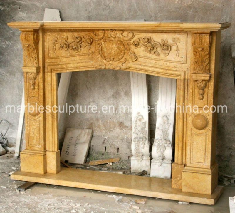 Antique Yellow Stone Sculpture Marble Fireplace Home Decoration (SYMF-233)