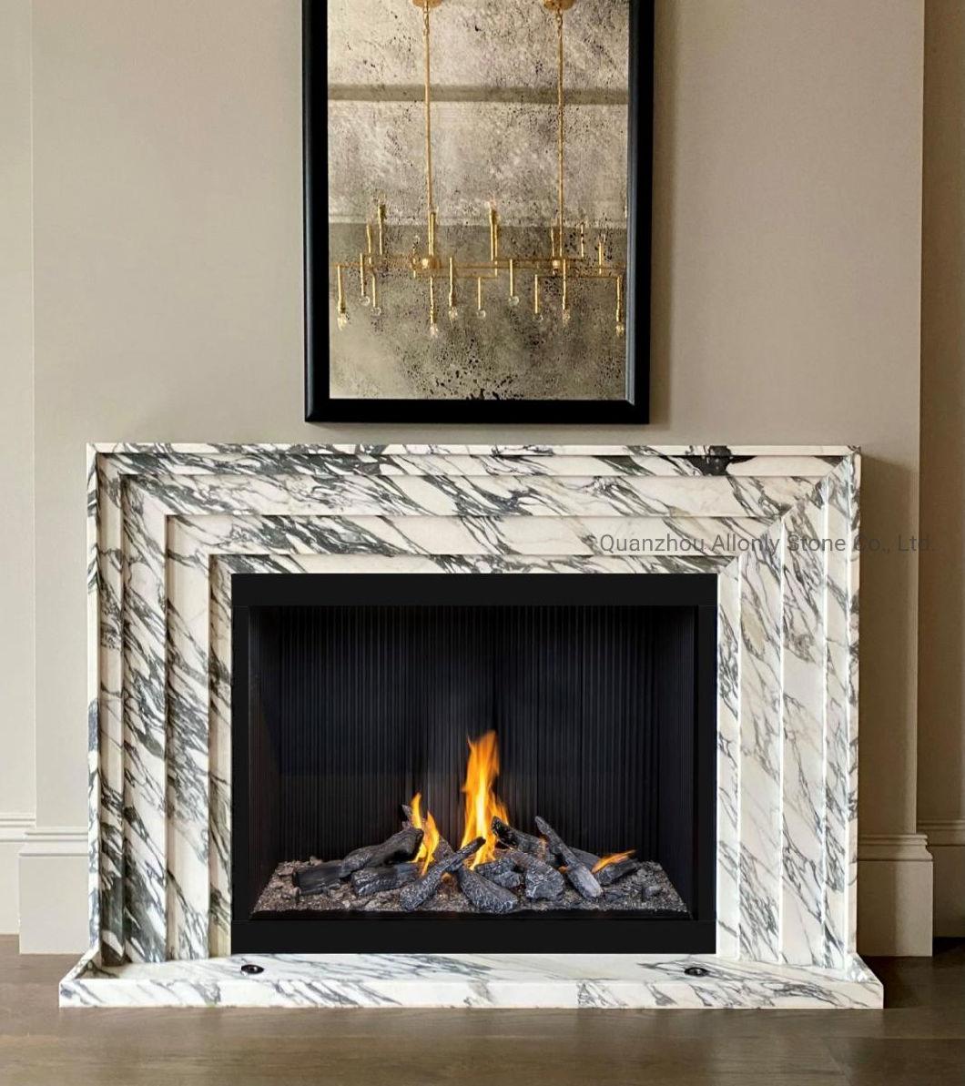 Fireplace Idea Arabescato Corcia White Marble Fire Surround in Transitional Living Room