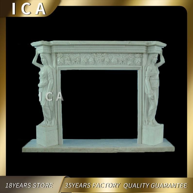 Indoor White Natural Polished Stone Fireplace Surround with Cherub