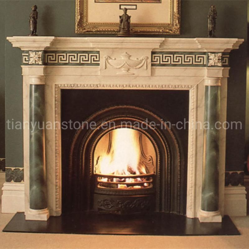 Home Decoration Customized White Marble Fireplace Mantel with Carvings