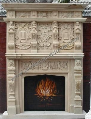 Antique Double Layer Stone Sandstone Fireplace with Carved Overmantel (QY-LS098)