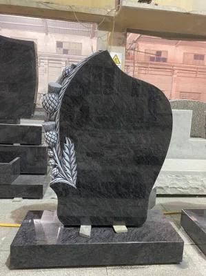 Bahama Blue Granite Polished Flower Carving Headstone