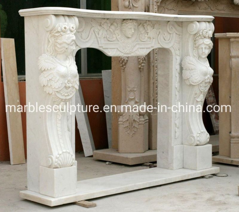 Factory Price White Marble Fireplace with Figures Carved (SYMF-110)
