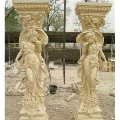 Hand Carving Yellow Marble Lady Statue Columns for Building Construction