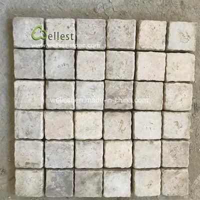 Tumbeled Finish Beige Limestone Cobble Stone Meshed for Exterior Driveway Walkway Paving
