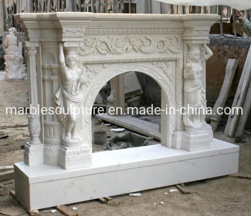 Lady Statue Sculpture Carving Marble Fireplace with Flowers Surround (SYMF-077)