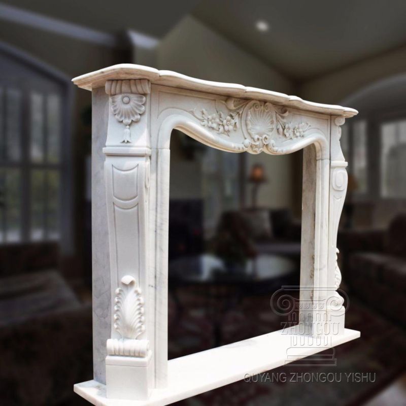 French Style White Marble Fireplace with Good Hand-Carved Quality, Competitive Price