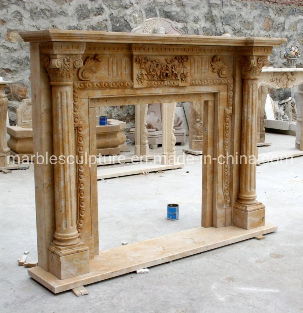Elegant Natural Antique Stone Carved Column Stone Fireplace (SYMF-247)