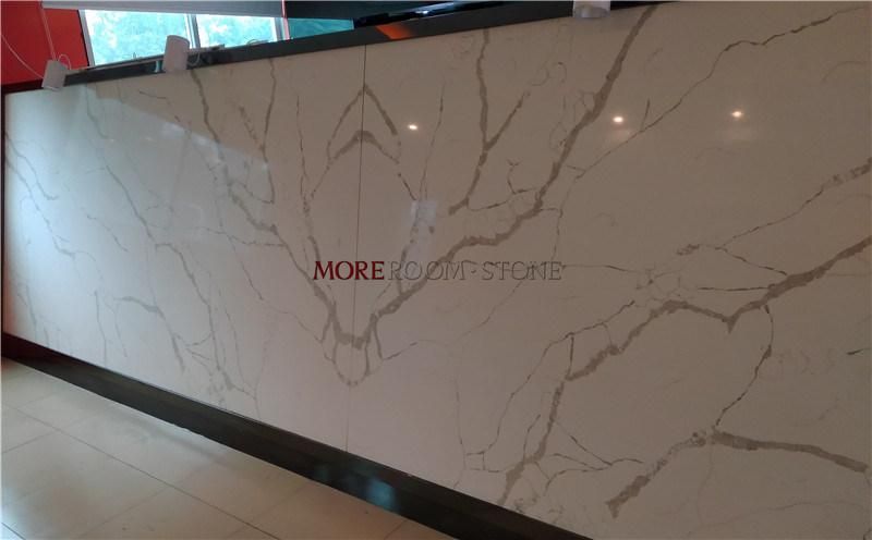 China Supplier Foshan Artificial Engineered Faux Stone Bookmatch Calacatta Staturio Marble Quartz Slab for Kitchen Countertops
