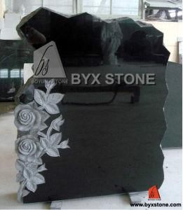 Black Granite Tombstone / Headstone with Rosettes Carved