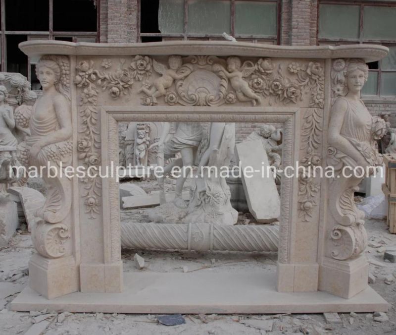 Exquisite Marble Fireplace Carving Angel and Lady Surround Flowers (SYMF-264)