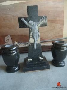 Black Granite Jesus and Cross Tombstone/Carving Headstone