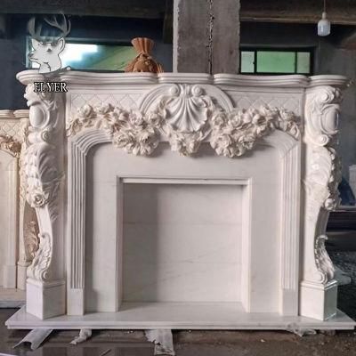 Home Decoration Freestanding White Marble Fireplaces Mantel with Carving Flowers