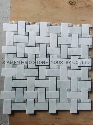 Italian Bianco Carrara White and Bardiglio Grey Dots Basketweave Mosaics
