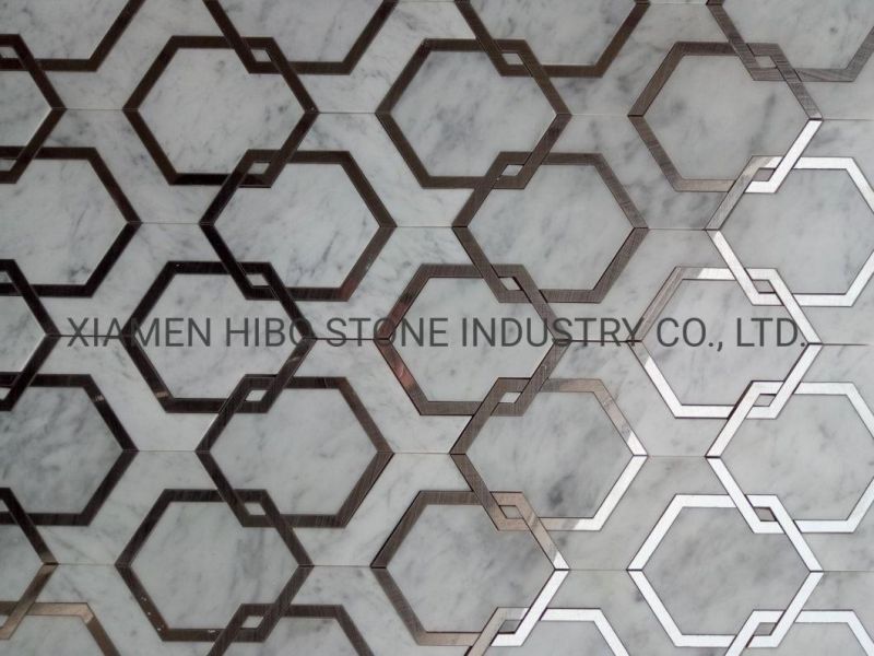 Thassos White and Bianco Carrara Marble Stone Mosaic Mixed Mother of Pearl Classic Style Chevorn Tile