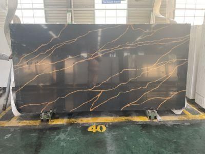 Gold Veins Black Calacatta Quartz Stone Slab Used for Countertops