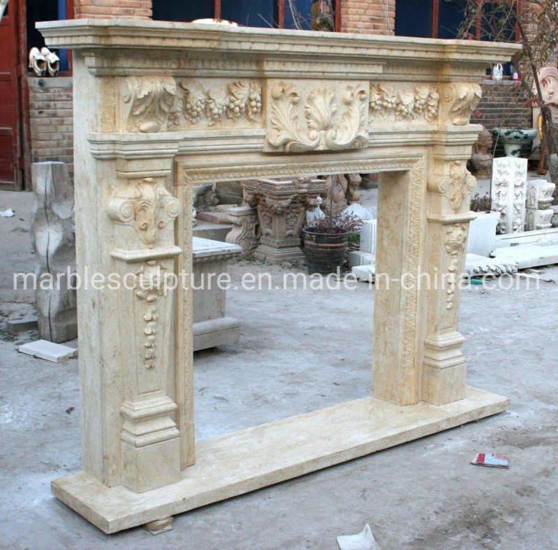 Exquisite European Style Beige Marble Fireplace Carved Grapes (SYMF-252)