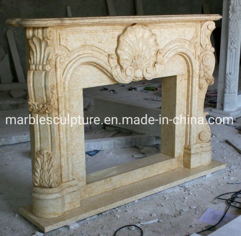 Customized Hand Carved Stone Beige Marble Fireplace (SYMF-079)