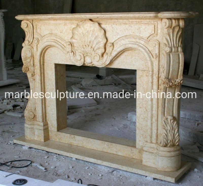 Customized Hand Carved Stone Beige Marble Fireplace (SYMF-079)