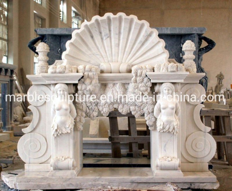 Ocean Theme Design Carved Lady Figure White Marble Fireplace (SYMF-130)