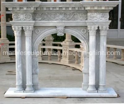 Hand Carved Arched White Marble Fireplace with Column (SYMF-241)
