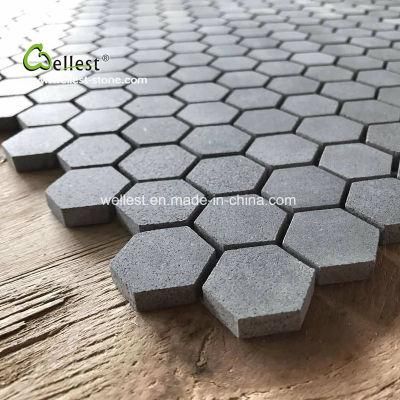 Natural Stone Hexagon Pattern Honed Finish Black Basalt Mosaic