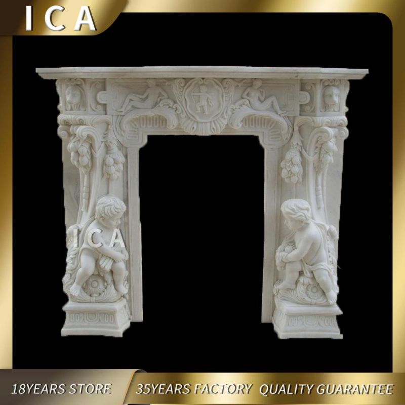 Roman Statue Style Natural Stone Metal White Marble Fireplace
