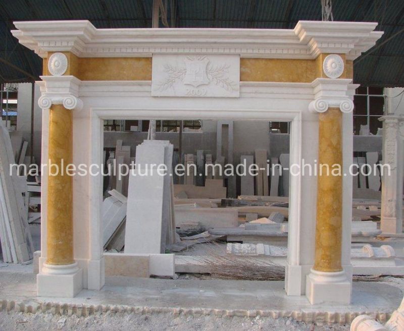 Natural Antique Stone Carved Column Stone Fireplace (SYMF-299)