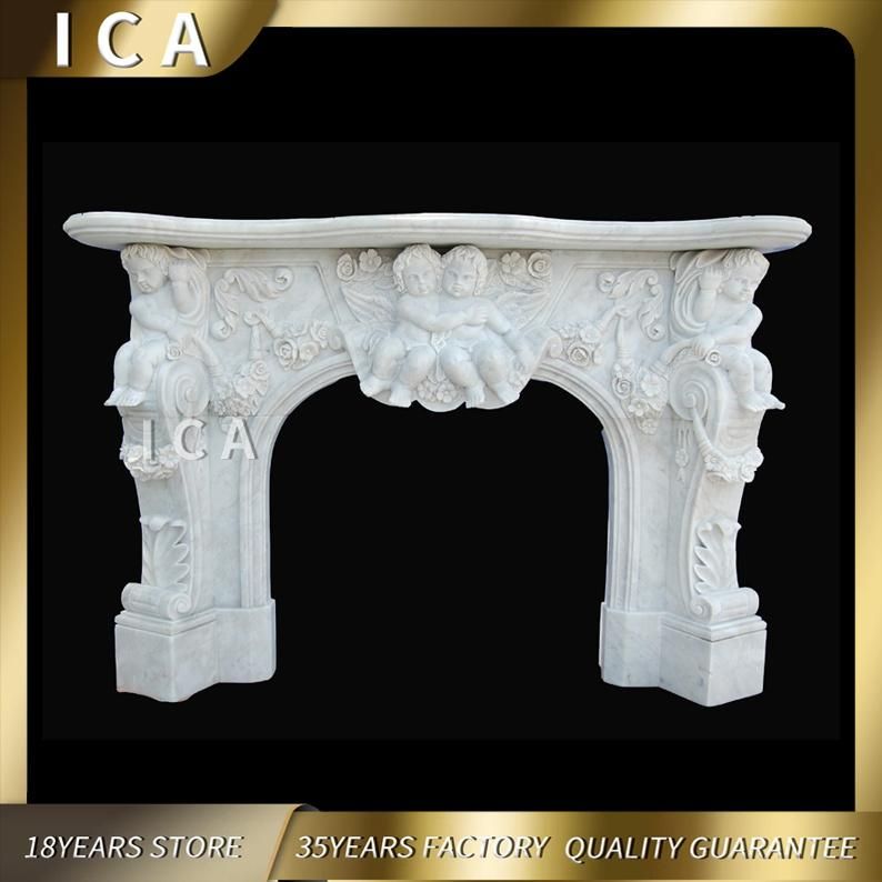 Indoor White Natural Polished Stone Fireplace Surround with Cherub