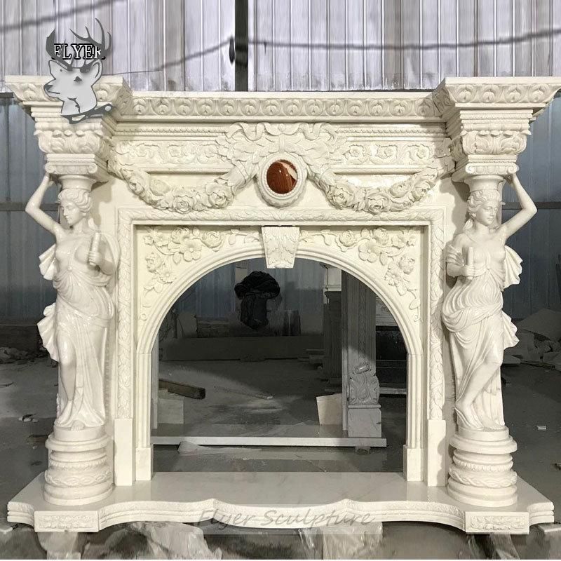 French Style Natural Solid Yellow Marble Lady Fireplace Mantel Freestanding for Home Decor