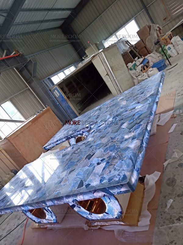 Luxurious Decor Gemstone Agate Slab Translucent Blue Table Semi Precious Stone Slab for Dining Room Countertop