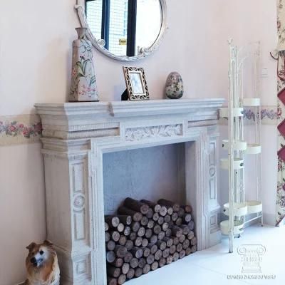 Overmantel White Sandstone Marble Fireplace with Good Hand-Carved Quality