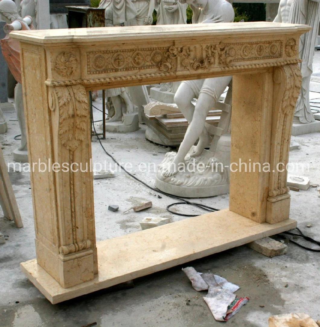 Beautiful Antique Beige Marble Stone Fireplace Carved Flowers (SYMF-255)